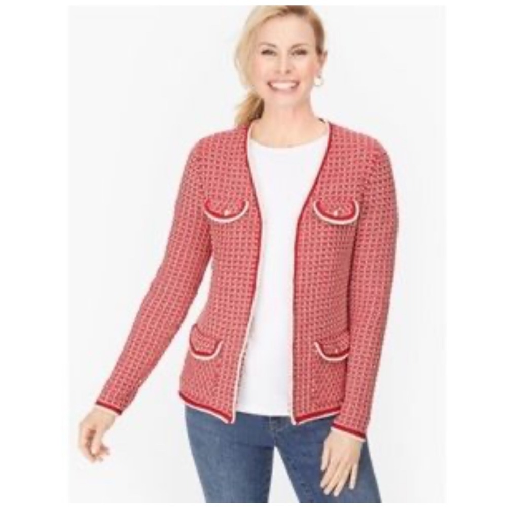 Talbots Tipped Tweed Sweater‎ Jacket Medium Knit Blazer Red White Pockets Medium